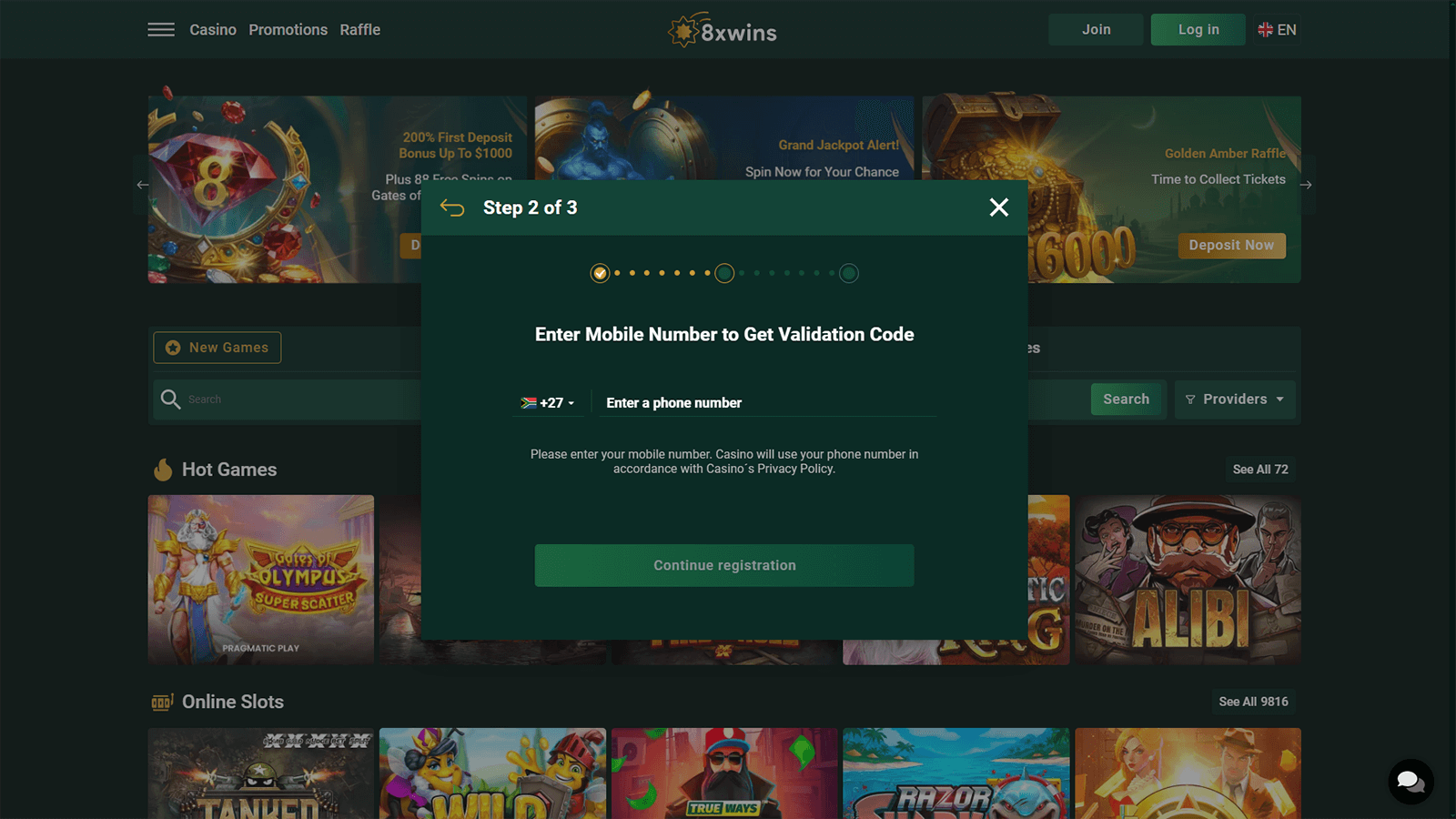 8xwins Casino Registration Process