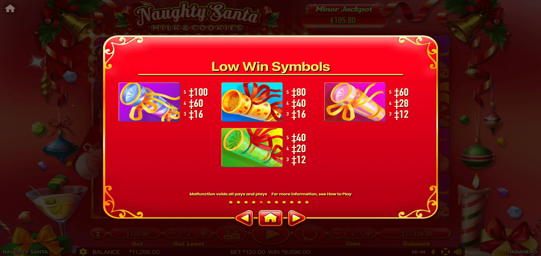 Low win symbols in Naughty Santa Milk & Cookies