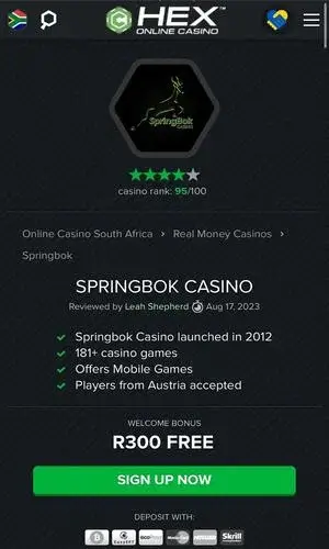 Sign up for Springbok casino from CasinoHEX website