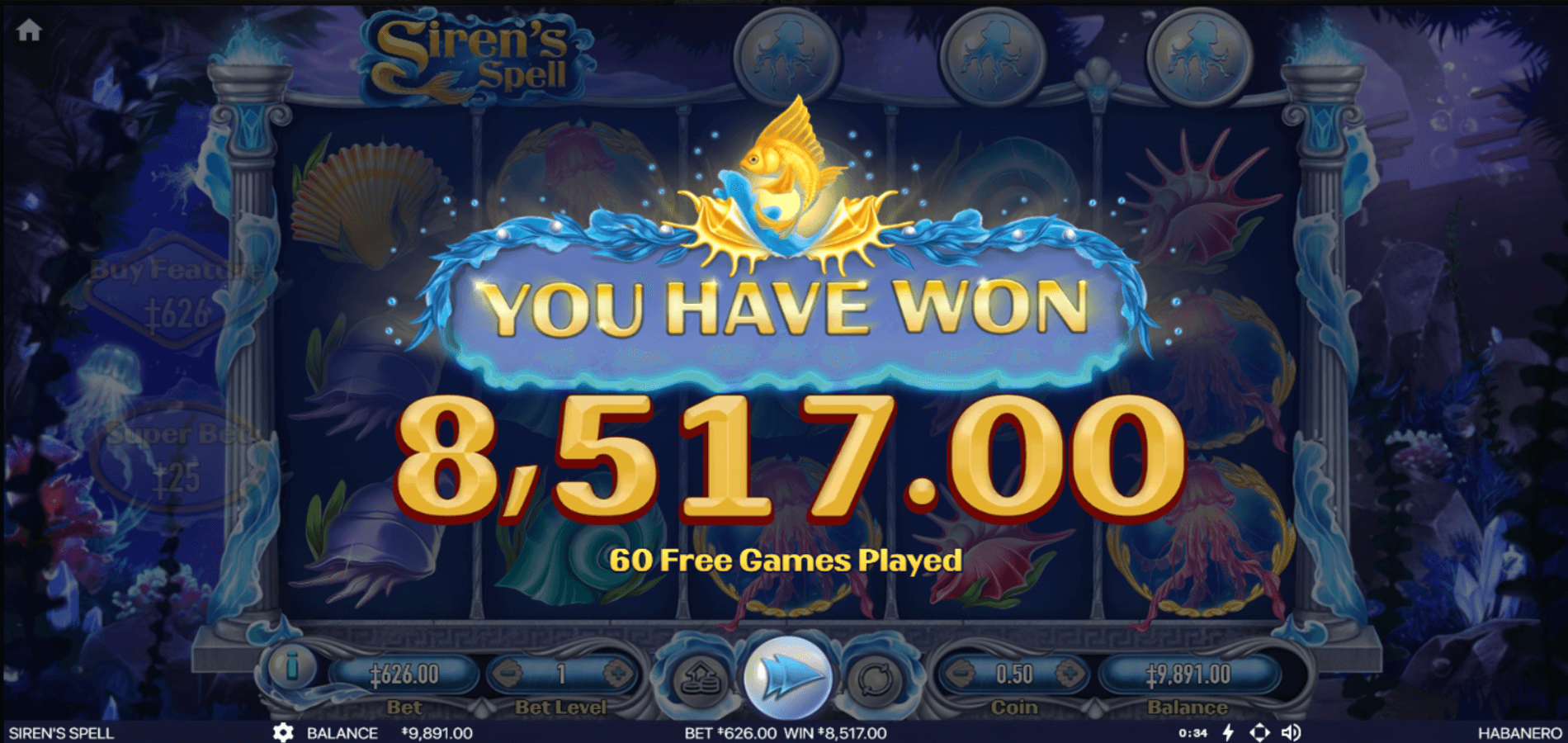 Sirens Spell slot huge win from 60 free games