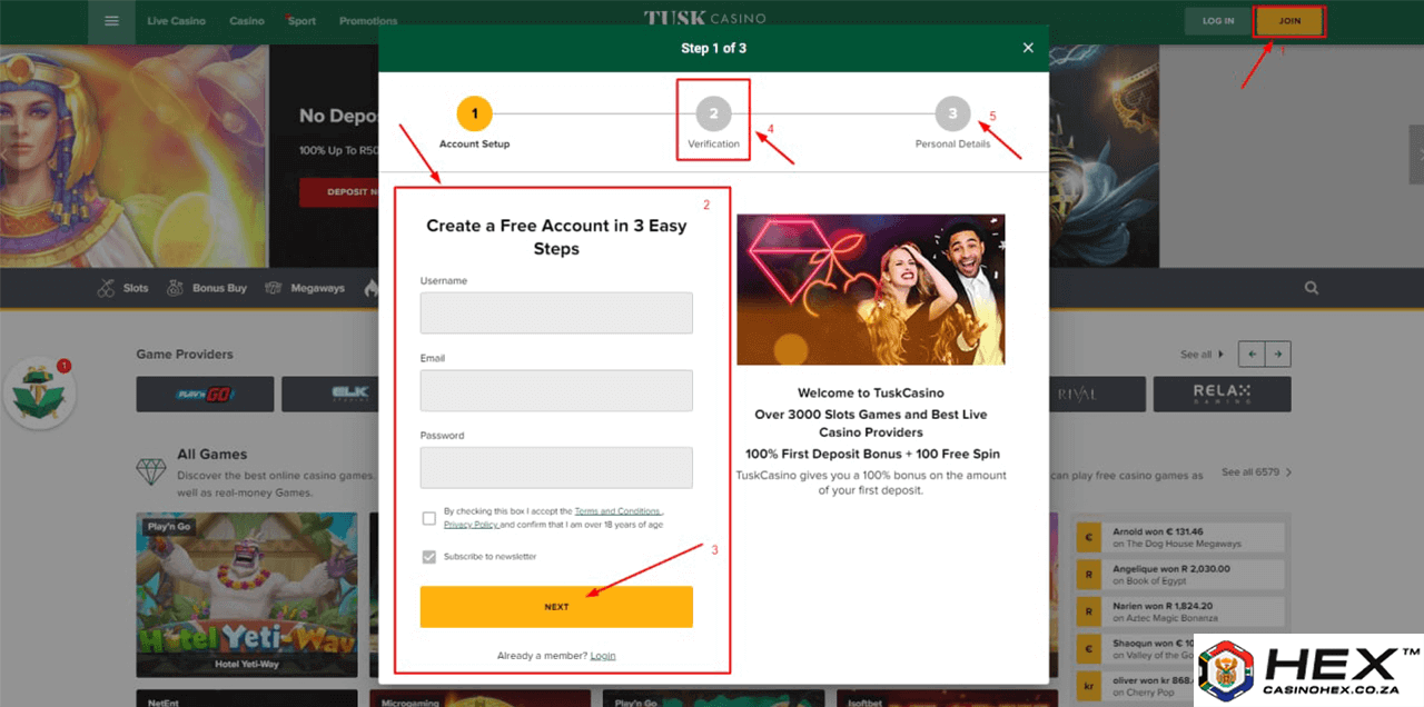 Tusk casino sign up process