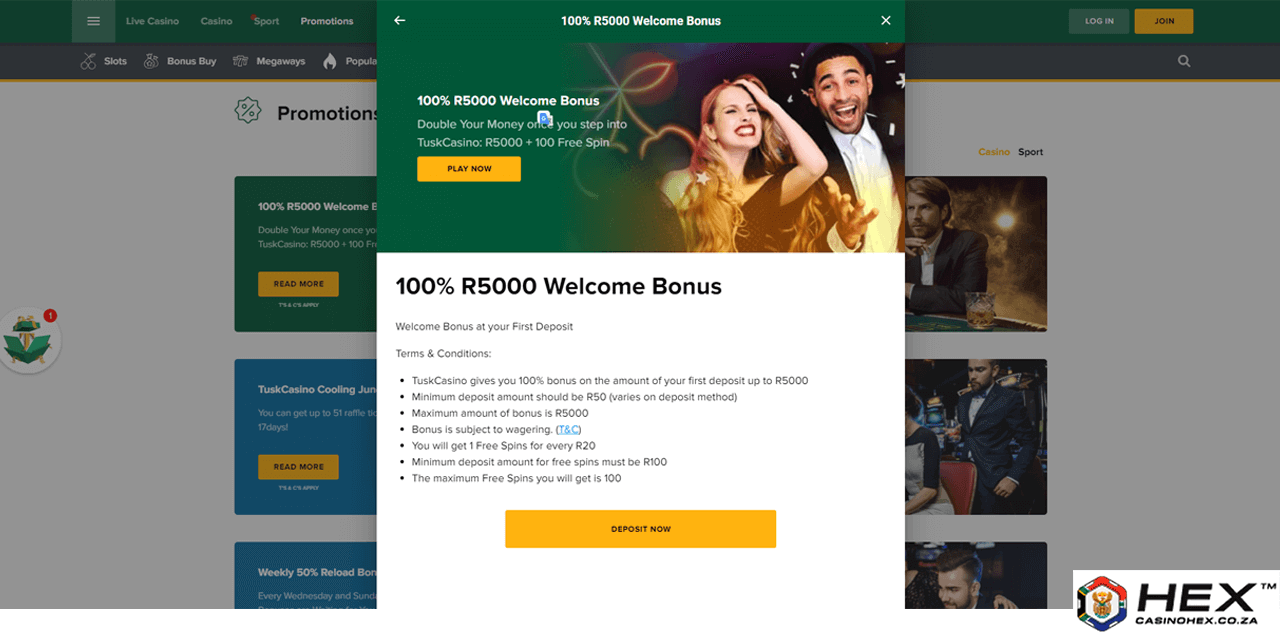 Tusk casino welcome bonus 100% R5000+100 FS