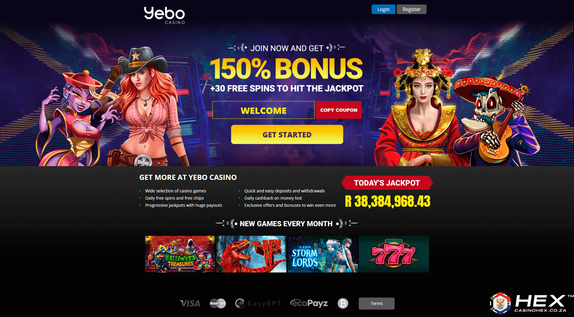 Yebo casino welcome bonus for CasinoHEX players