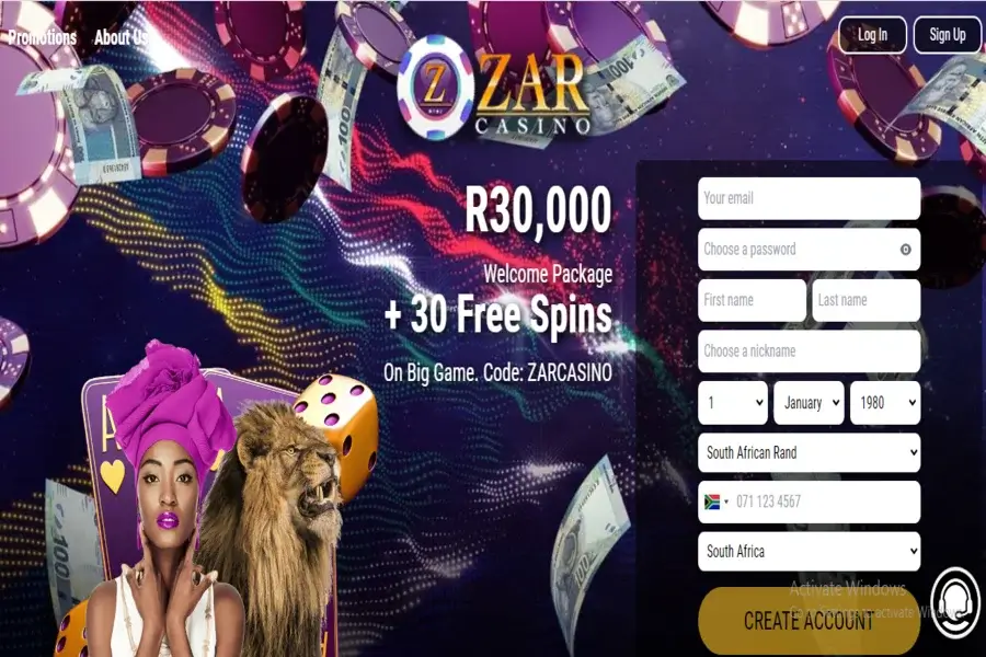 ZAR Casino sign up process 1st step