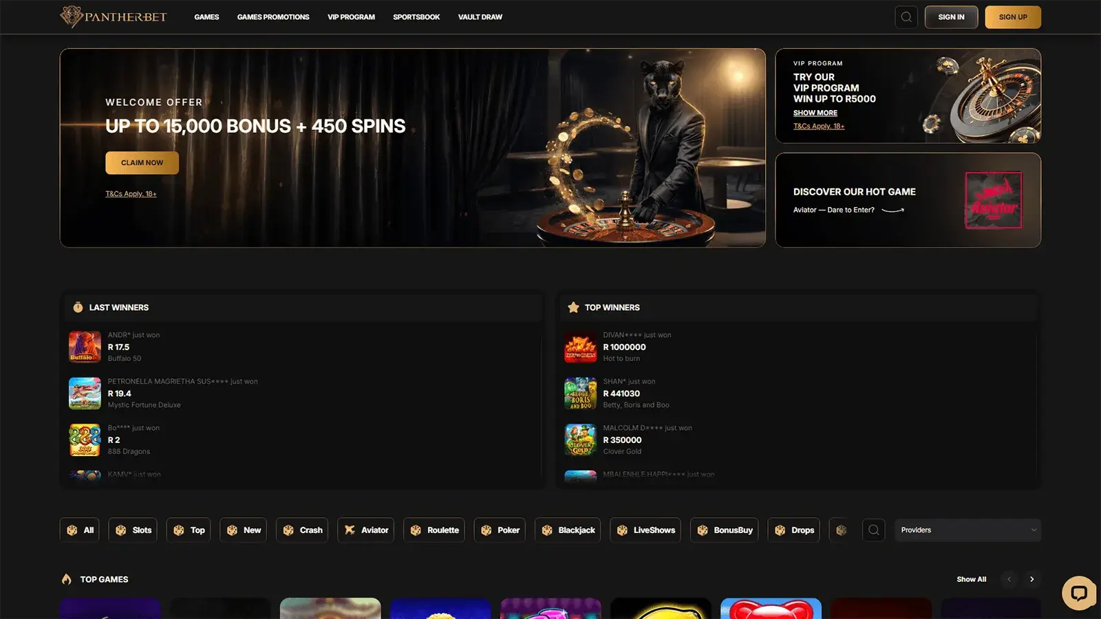 Pantherbet Casino Homepage in South Africa