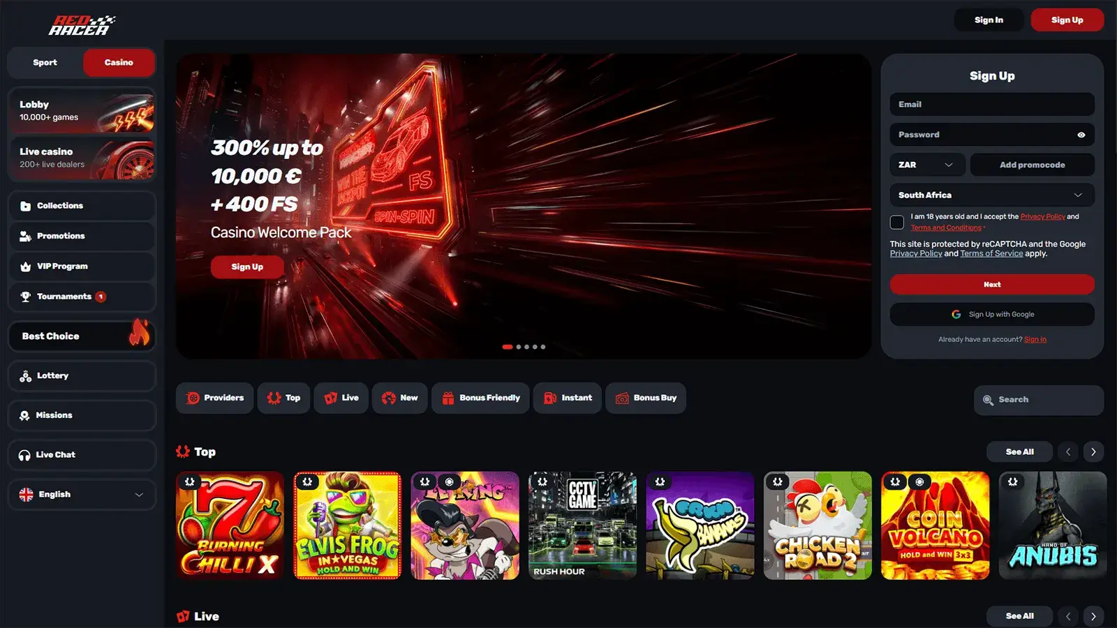 RedRacer Casino Homepage in South Africa