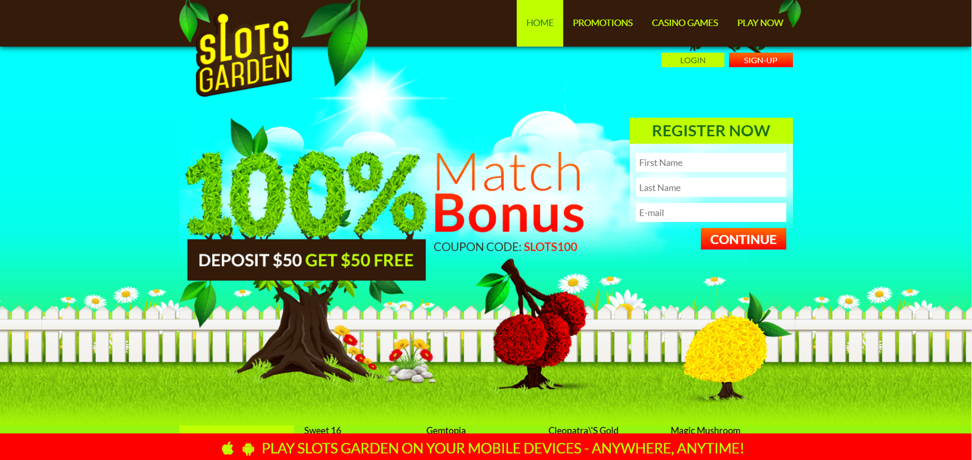 the homepage of Slots Garden Casino